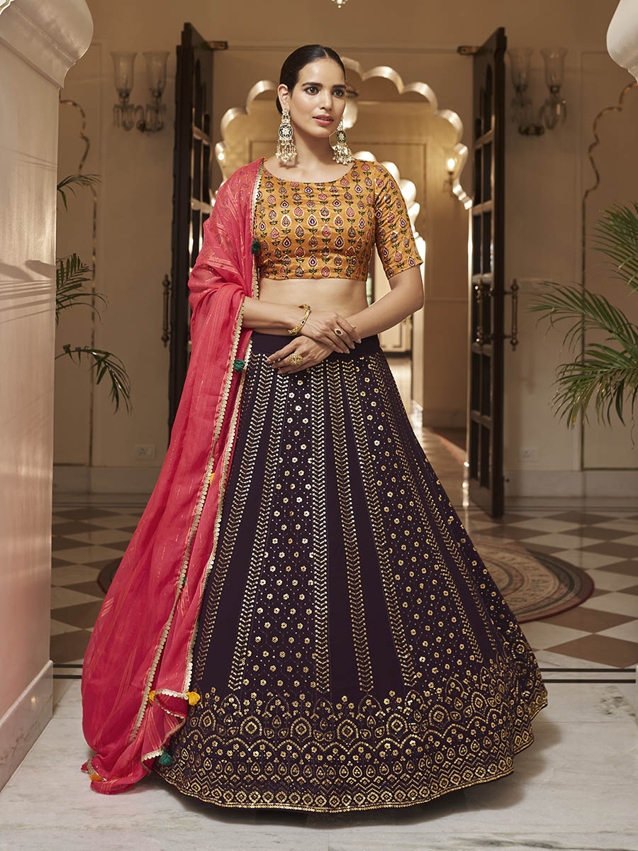 Myra Purple and Mustard Yellow Georgette Designer Lehenga Choli - Distacart