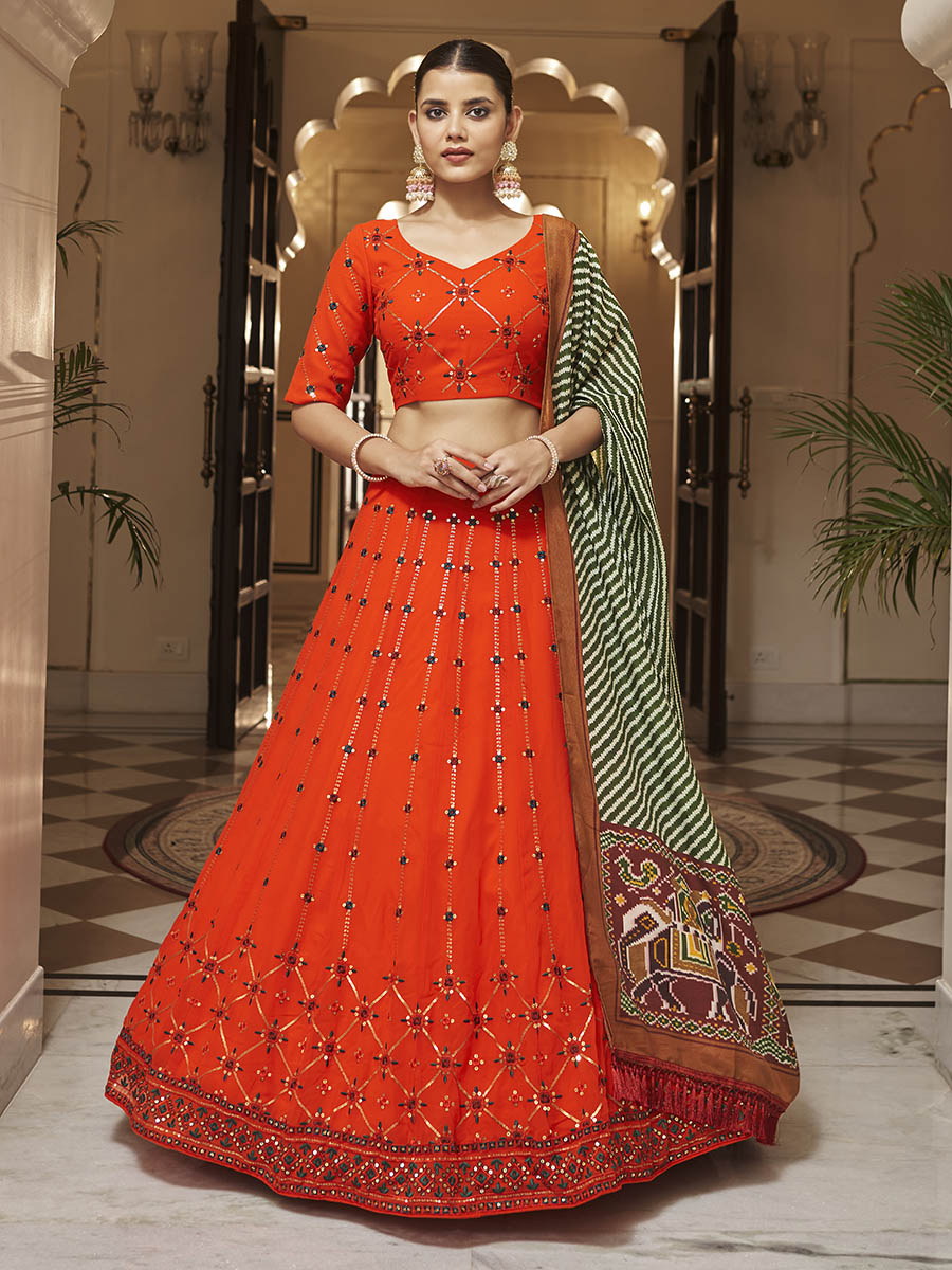 Myra Orange and green Georgette Designer Lehenga Choli - Distacart
