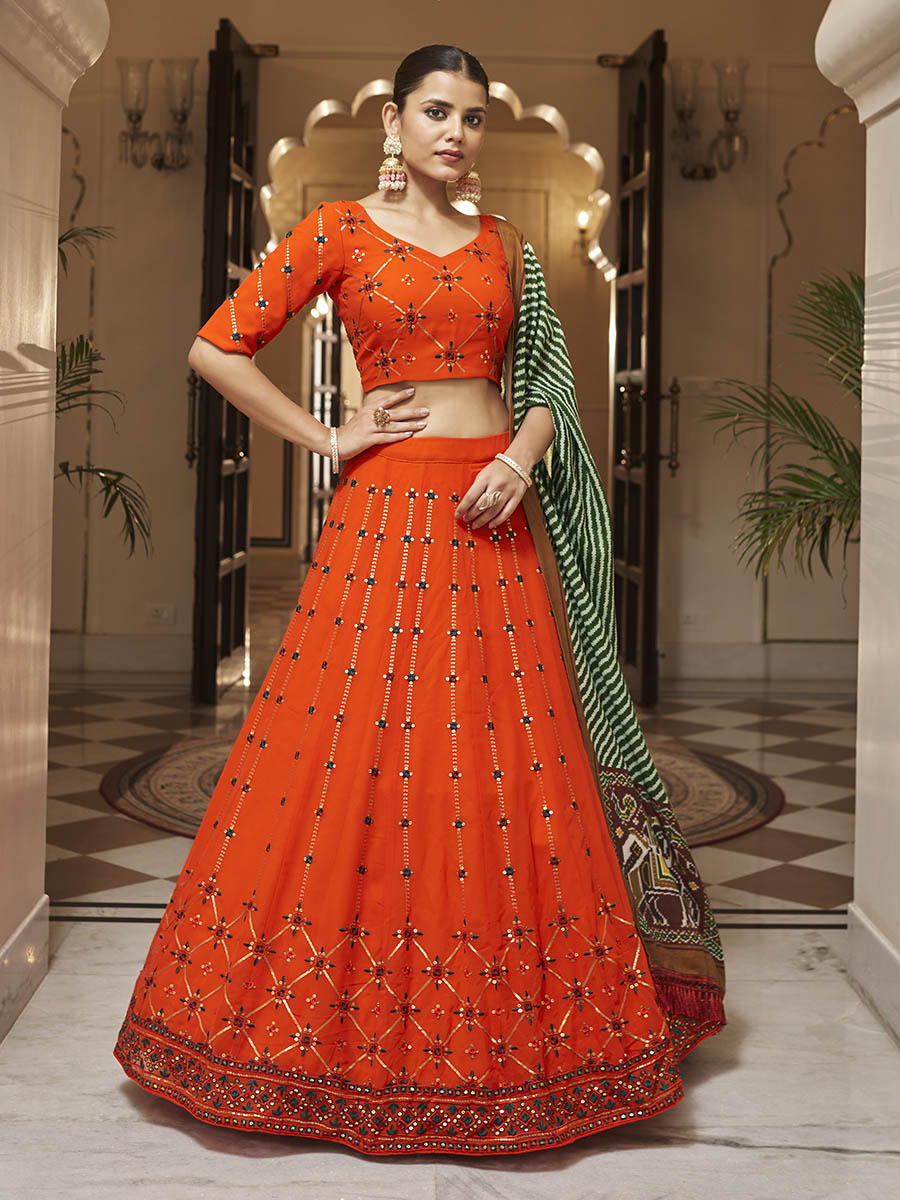 Myra Orange and green Georgette Designer Lehenga Choli - Distacart