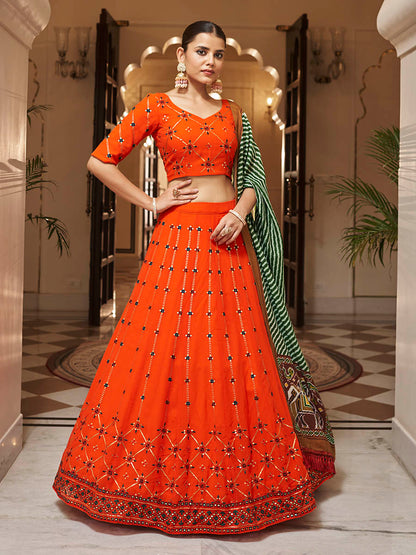 Myra Orange and green Georgette Designer Lehenga Choli - Distacart