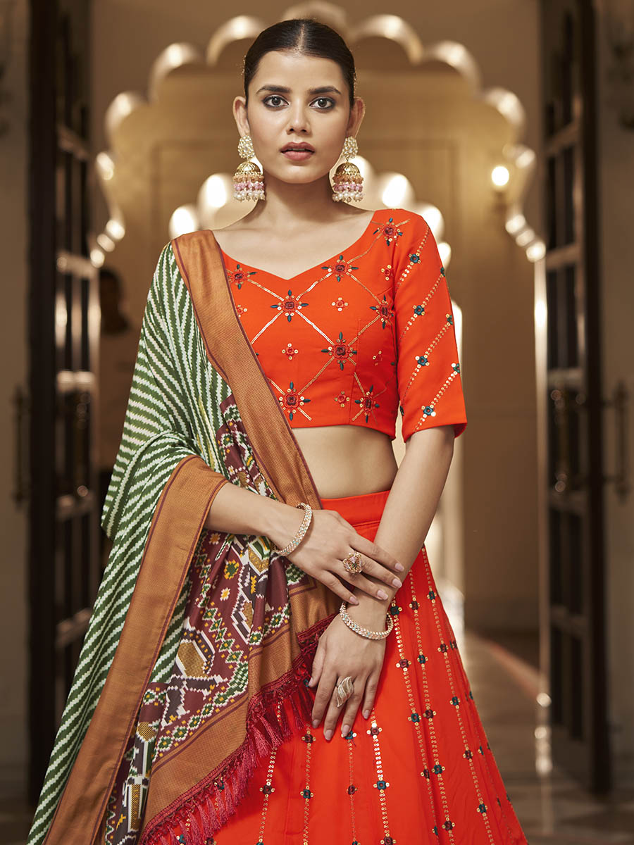 Myra Orange and green Georgette Designer Lehenga Choli - Distacart