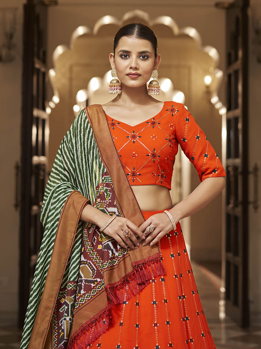 Myra Orange and green Georgette Designer Lehenga Choli - Distacart