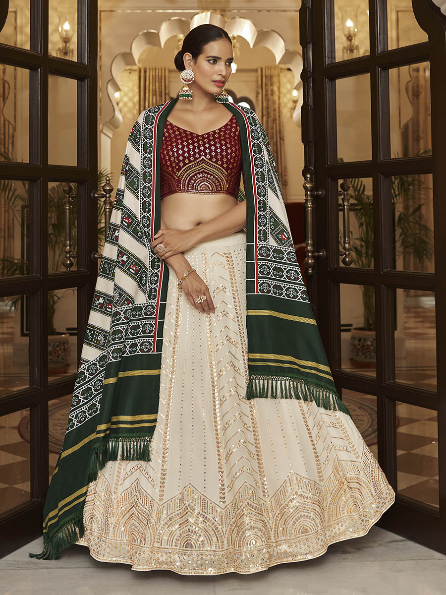 Myra Pearl White , Maroon and Green Georgette Designer Lehenga Choli - Distacart