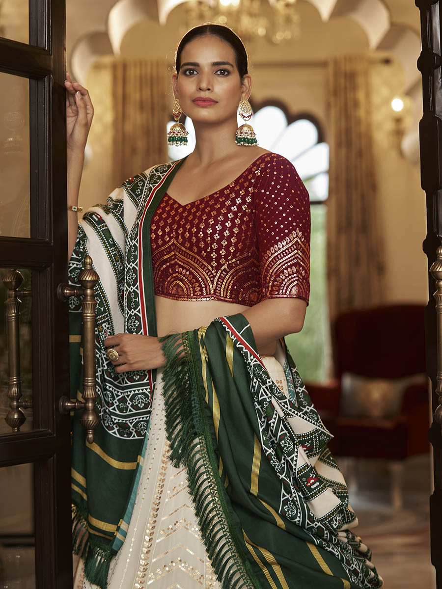 Myra Pearl White , Maroon and Green Georgette Designer Lehenga Choli - Distacart
