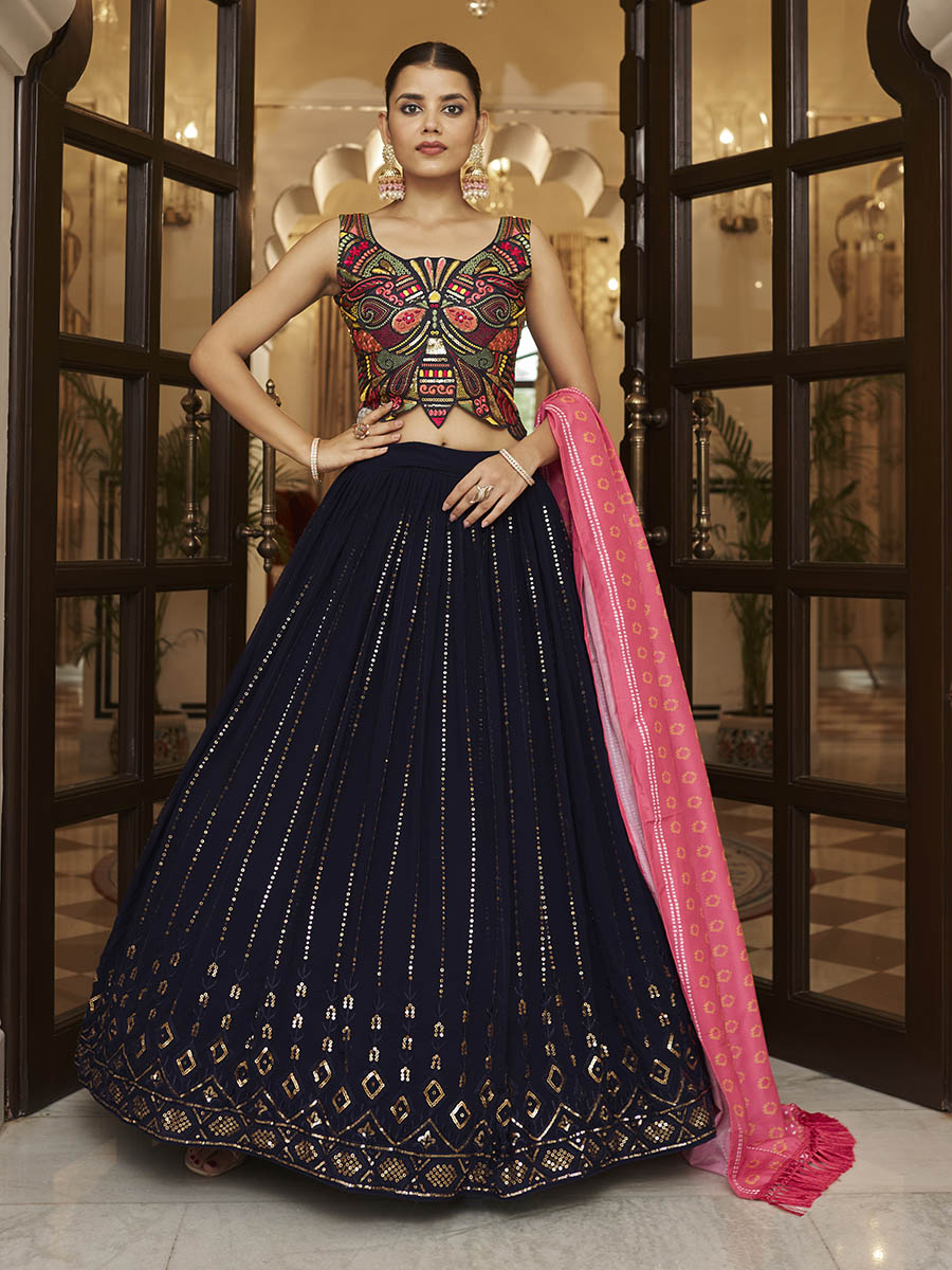 Myra Pink and Navy Blue Georgette Designer Lehenga Choli - Distacart
