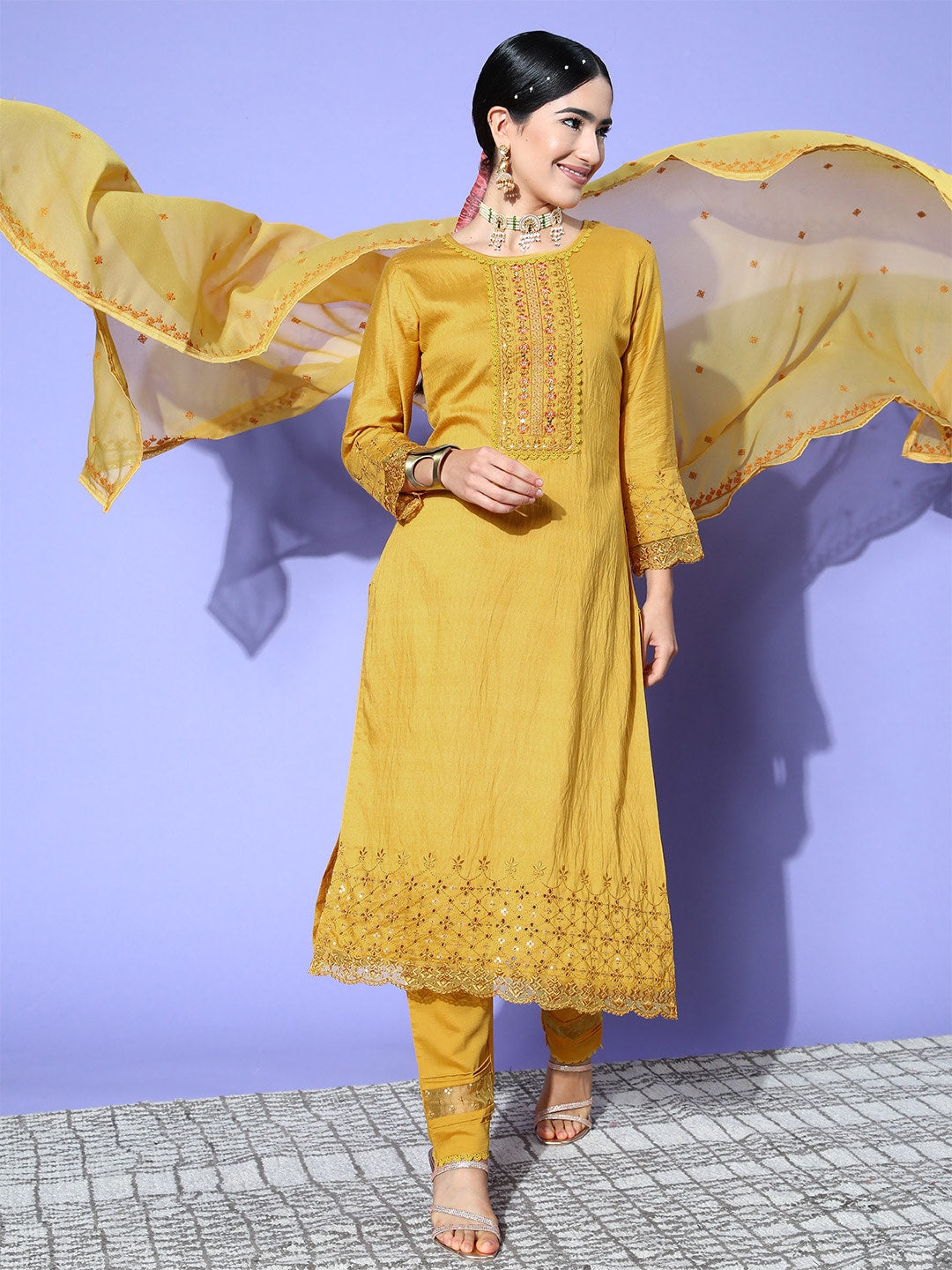 Sangria Floral Embroidered Regular Sequinned Kurta with Trousers & With Dupatta - Distacart
