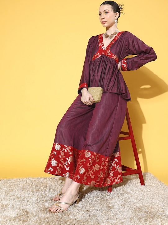 InWeave Women's Wine Red Brocade Mughal Shaan Kurta Palazzo Set - Distacart