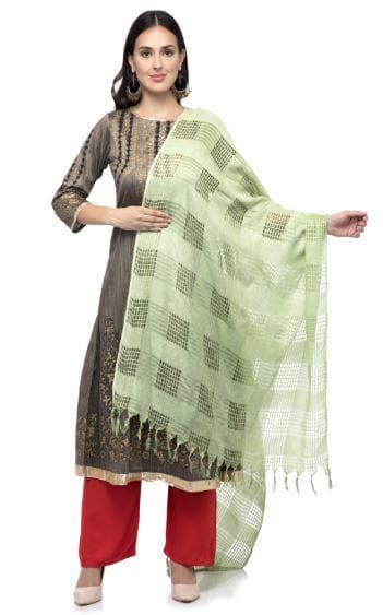 A R Silk Women's Cotton Window Check Pista Green Regular Dupatta