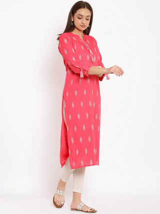 HERE&NOW Pink Mandarin Collar Ethnic Motifs Printed Pure Cotton Kurta - Distacart