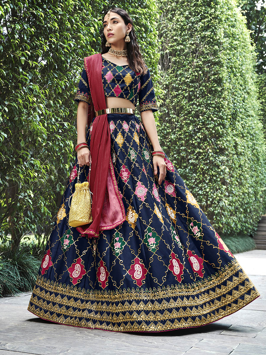 Myra Navy Silk Embroidered Designer Lehenga Choli - Distacart