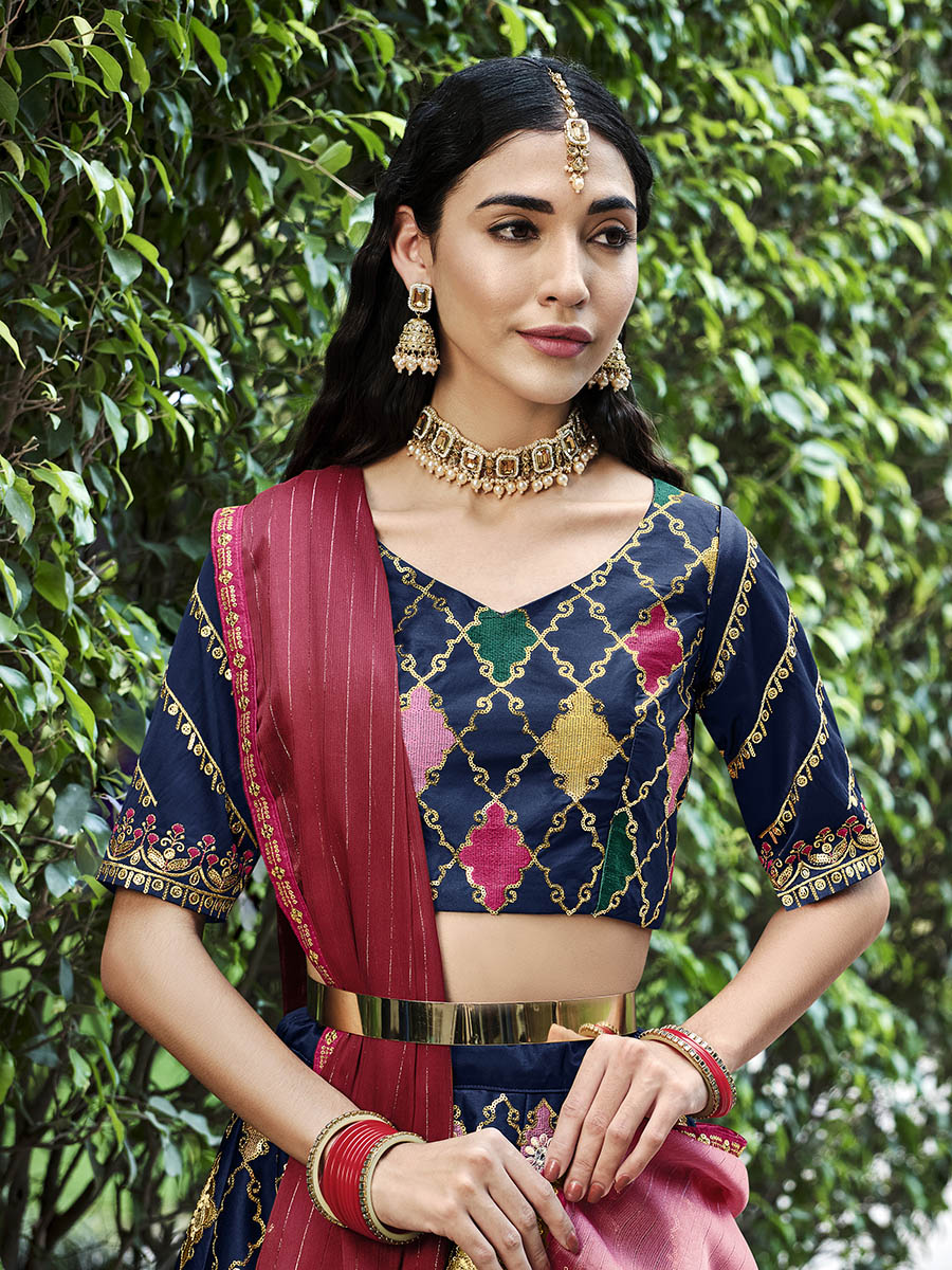 Myra Navy Silk Embroidered Designer Lehenga Choli - Distacart