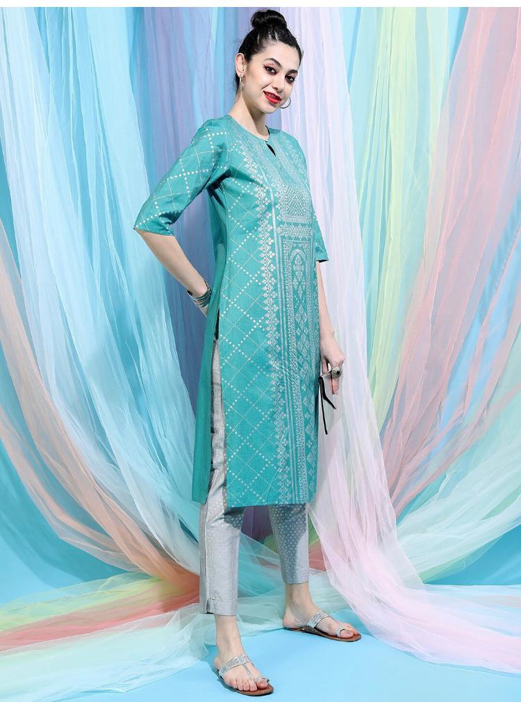Maai Rayon Hand Printed Kurta Sky Blue - Distacart
