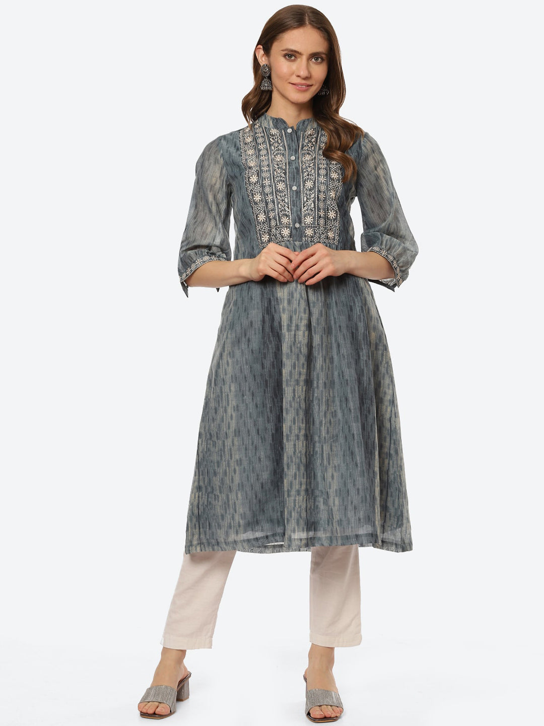 Biba Women Grey Floral Yoke Design Thread Work Anarkali Kurta - Distacart