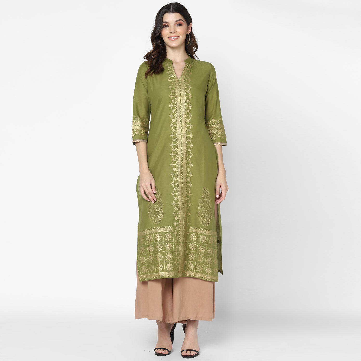 Maai Rayon Hand Printed Kurta Olive - Distacart