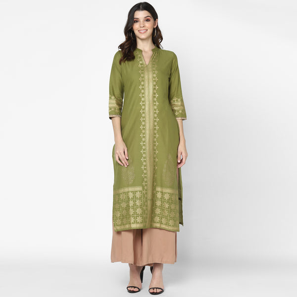 Maai Rayon Hand Printed Kurta Olive - Distacart