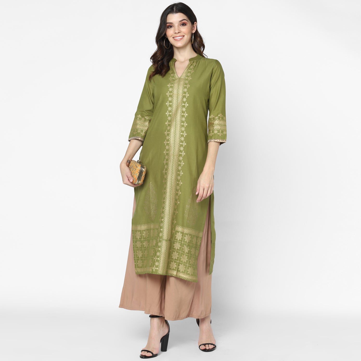 Maai Rayon Hand Printed Kurta Olive - Distacart