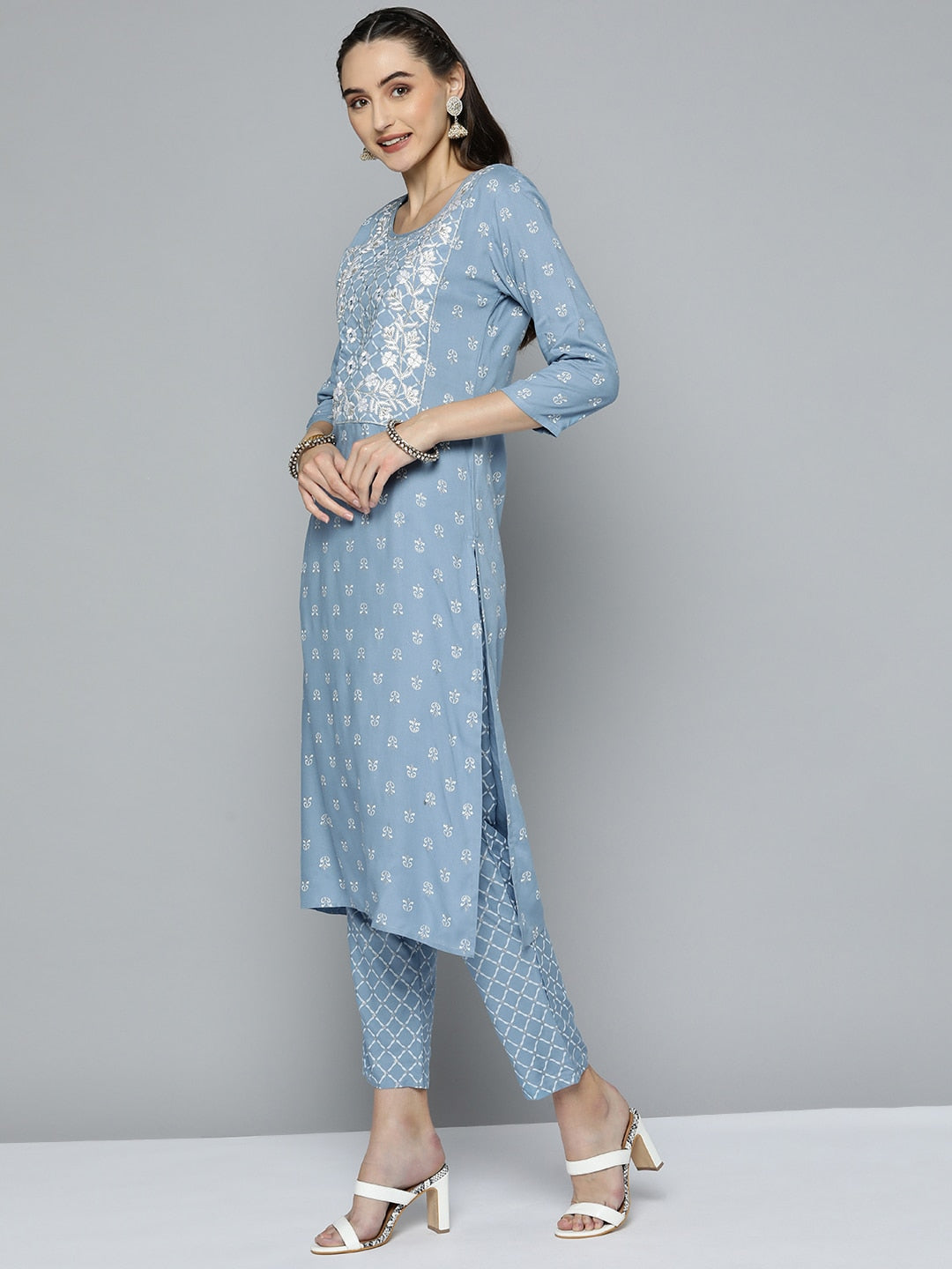 HERE&NOW Women Blue & White Ethnic Embroidered Kurta with Trousers & With Dupatta - Distacart