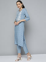 Thumbnail for HERE&NOW Women Blue & White Ethnic Embroidered Kurta with Trousers & With Dupatta - Distacart