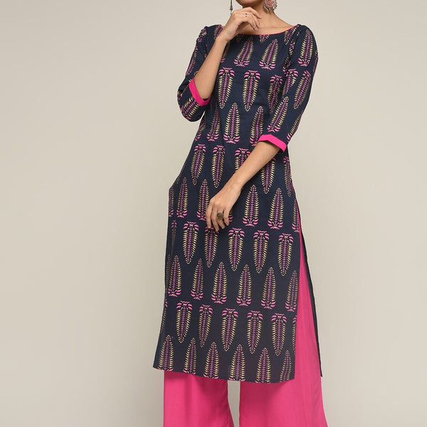 Maai Rayon Hand Printed Kurta Navy - Distacart