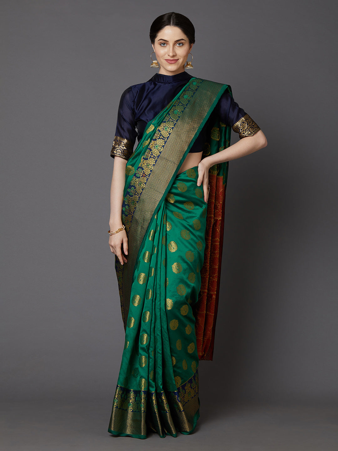 Mitera Green & Gold-Toned Silk Blend Woven Design Banarasi Saree - Distacart