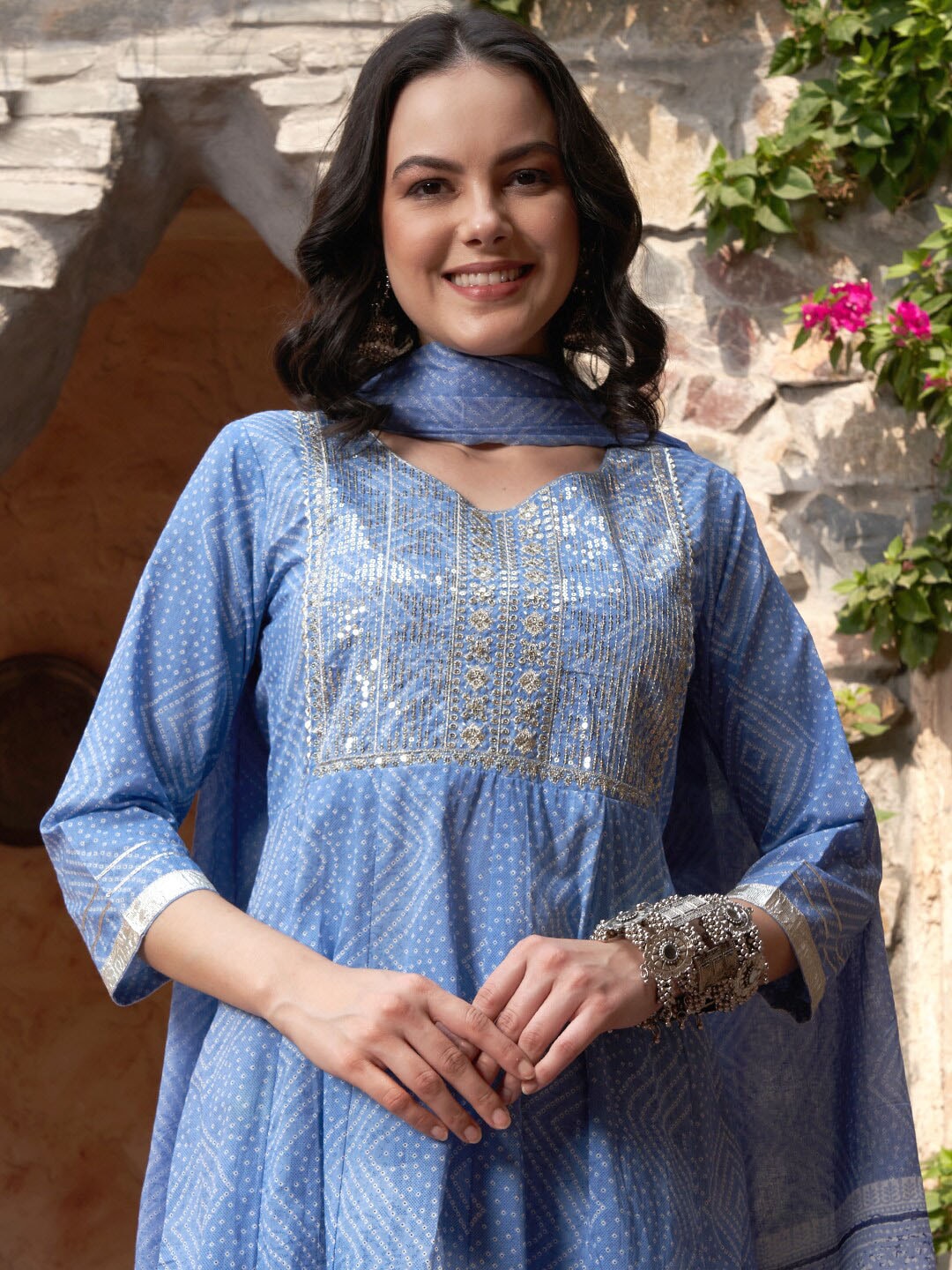 Sangria Blue Printed & Embroidered Pure Cotton A-Line Kurta With Trouser & Dupatta - Distacart