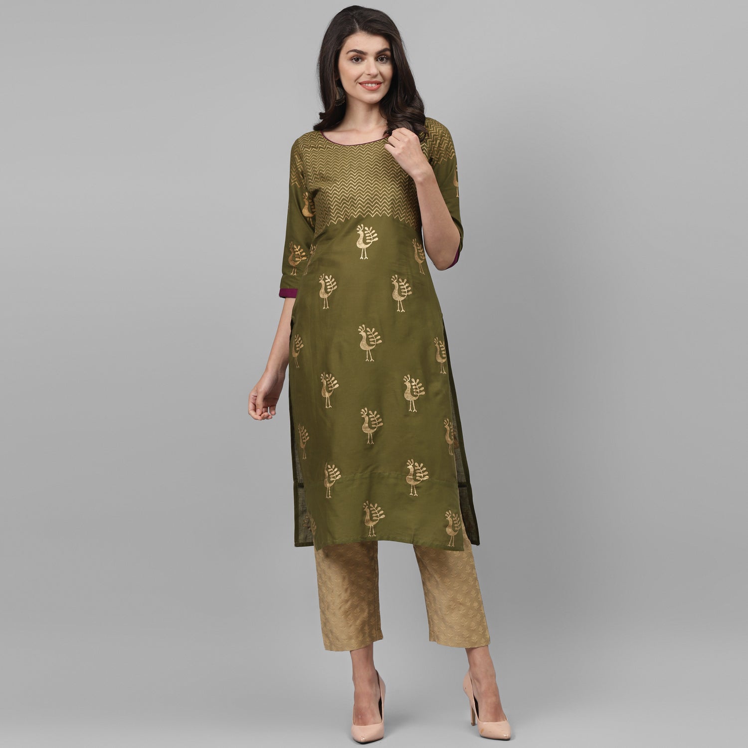Maai Rayon Hand Printed Kurta Olive - Distacart