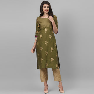 Maai Rayon Hand Printed Kurta Olive - Distacart
