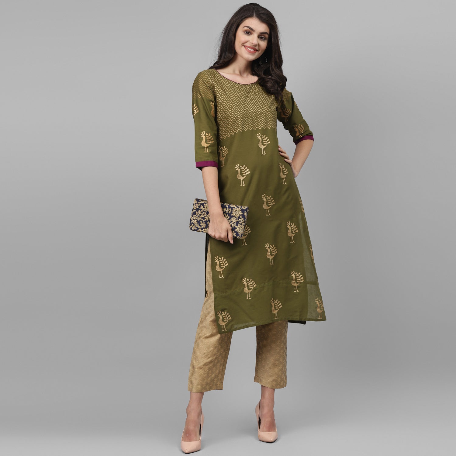 Maai Rayon Hand Printed Kurta Olive - Distacart