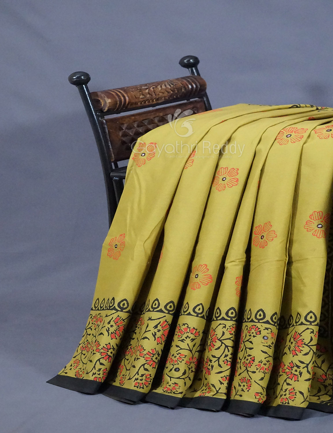 Mehndi Green Colour Block Print With Mirron Embroidered Pure Mulmul Cotton Saree By Gayathri Reddy Designer Studio - Distacart