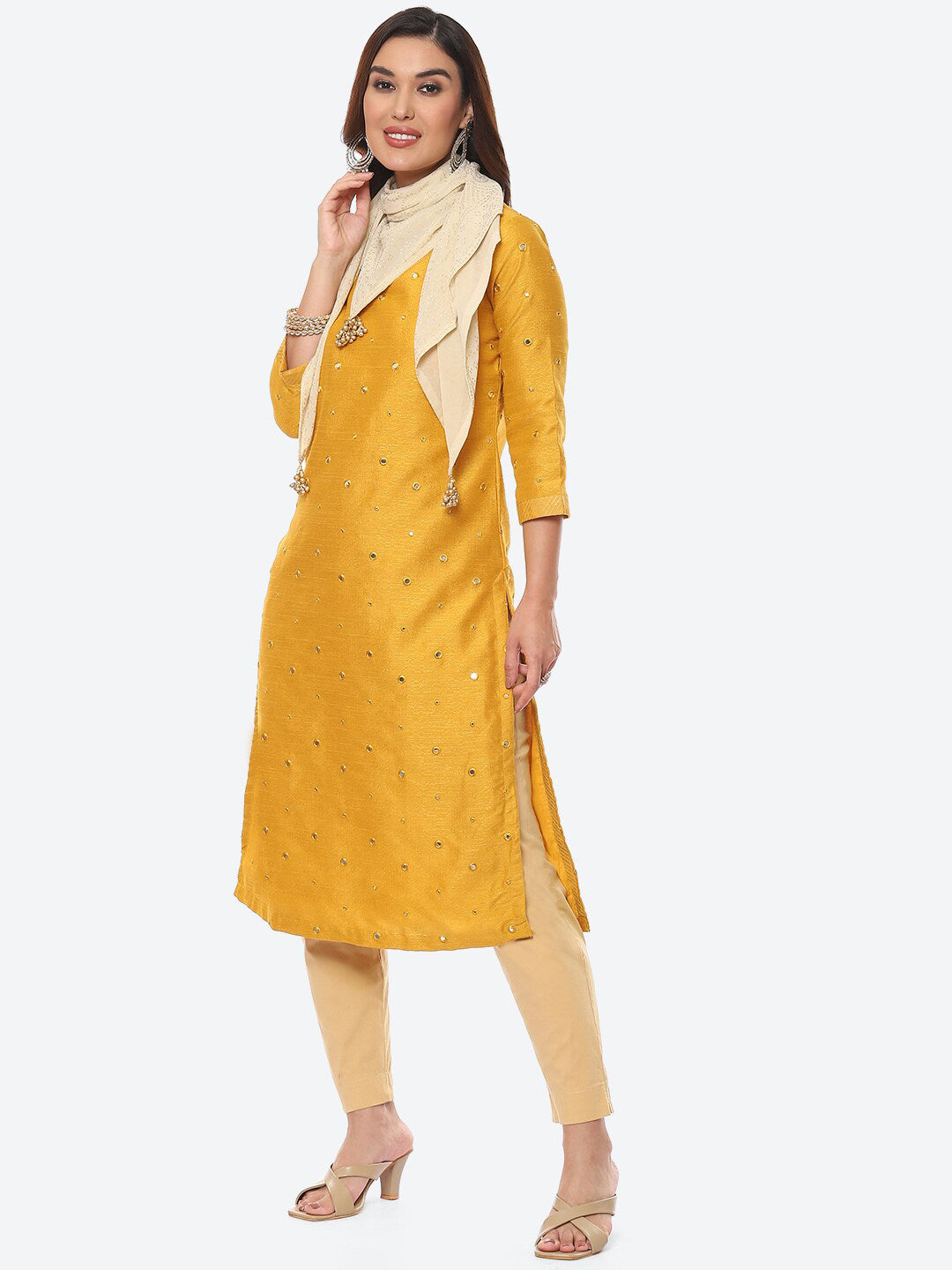 Biba Women Yellow Embellished Mirror Work Straight Fit Art Silk Kurta with Dupatta - Distacart