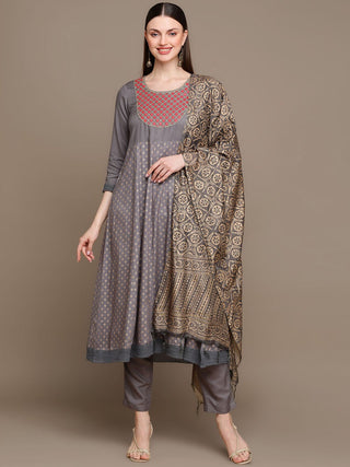 HERE&NOW Ethnic Motifs Embroidered Anarkali Kurta with Trousers & Dupatta - Distacart