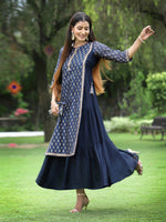 Thumbnail for Juniper Women's Navy Chanderi Silk Printed Layered Dress - Distacart
