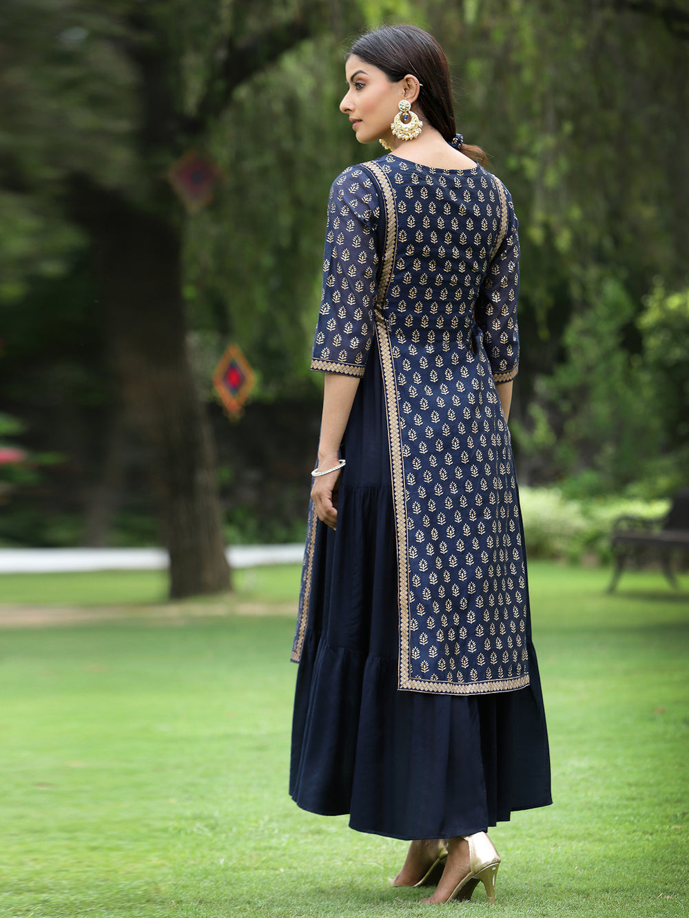 Juniper Women's Navy Chanderi Silk Printed Layered Dress - Distacart