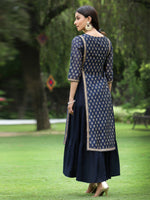 Thumbnail for Juniper Women's Navy Chanderi Silk Printed Layered Dress - Distacart