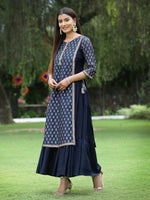Thumbnail for Juniper Women's Navy Chanderi Silk Printed Layered Dress - Distacart