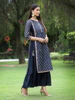 Thumbnail for Juniper Women's Navy Chanderi Silk Printed Layered Dress - Distacart