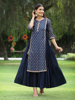 Thumbnail for Juniper Women's Navy Chanderi Silk Printed Layered Dress - Distacart