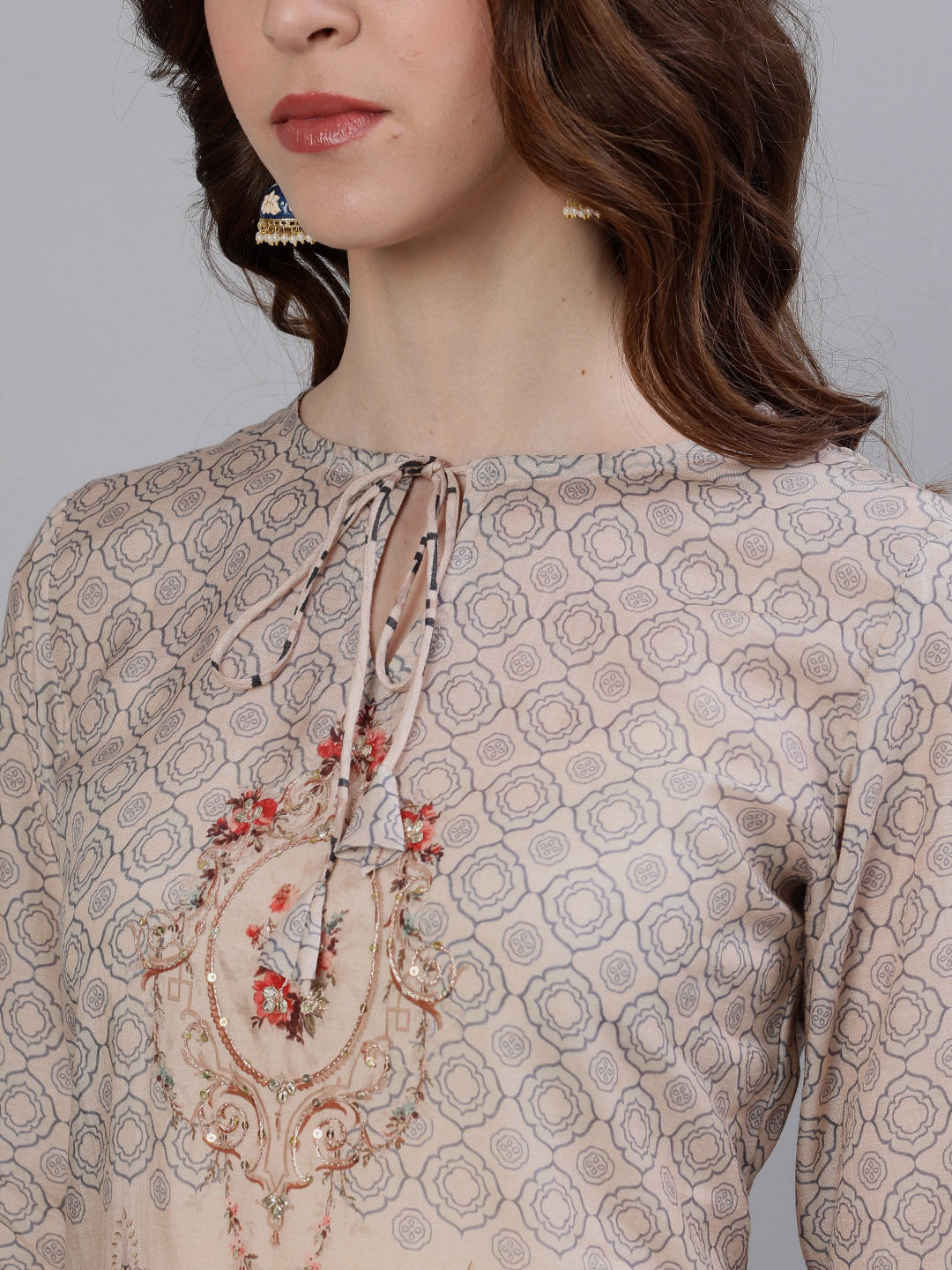 Ishin Women Peach-Coloured Embroidered Kurta with Sharara & Dupatta - Distacart