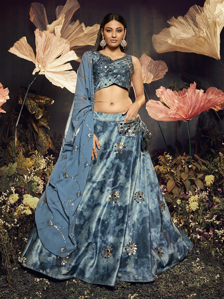 Myra Sky Blue Velvet Embroidered Designer Lehenga - Distacart