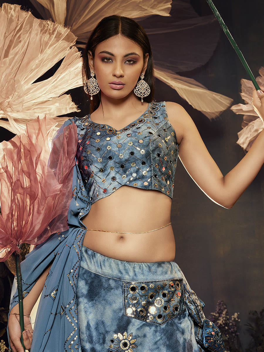 Myra Sky Blue Velvet Embroidered Designer Lehenga - Distacart