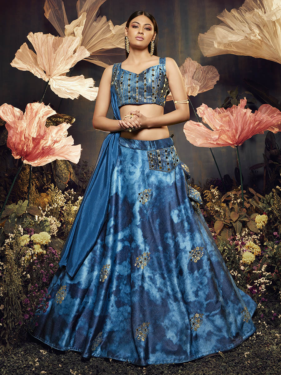 Myra Blue Velvet Embroidered Designer Lehenga - Distacart