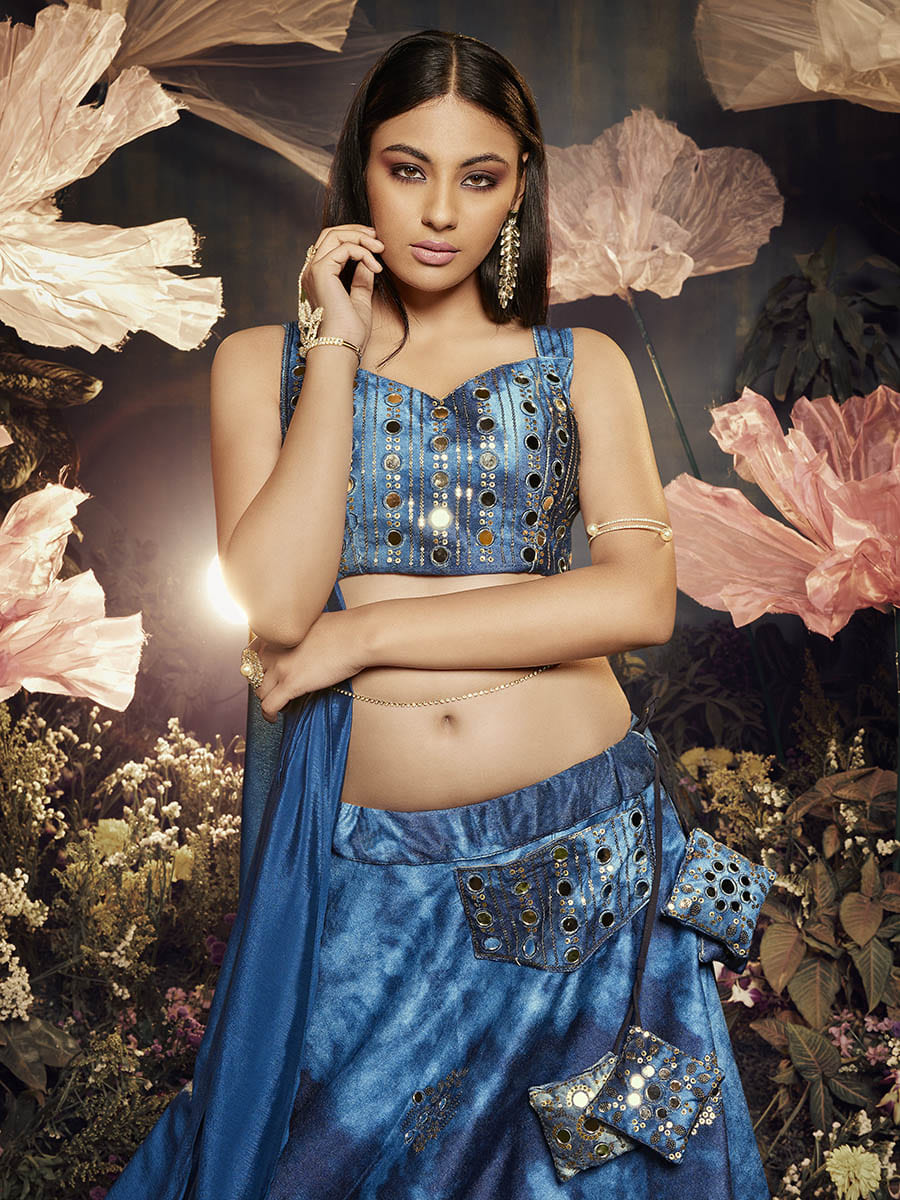 Myra Blue Velvet Embroidered Designer Lehenga - Distacart
