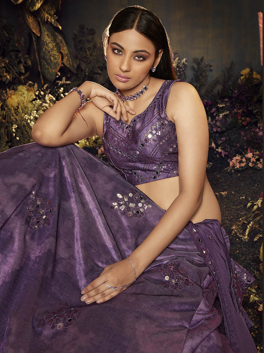 Myra Purple Velvet Embroidered Designer Lehenga - Distacart