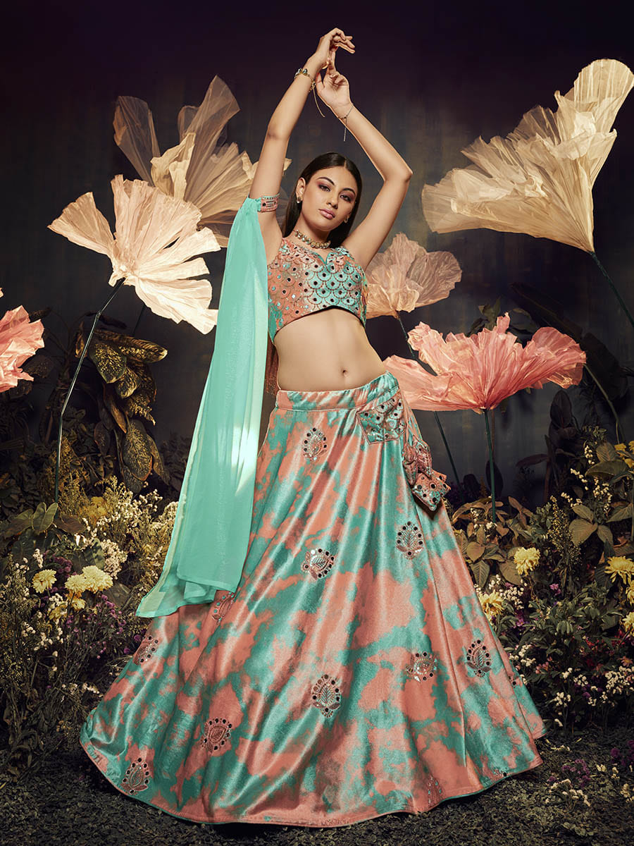 Myra Turquoise Orange Velvet Embroidered Designer Lehenga - Distacart