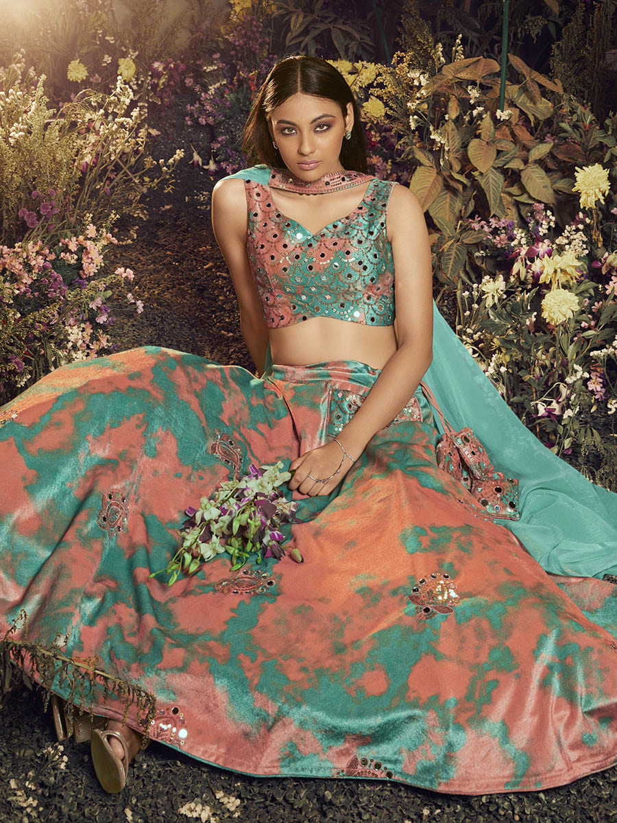 Myra Turquoise Orange Velvet Embroidered Designer Lehenga - Distacart