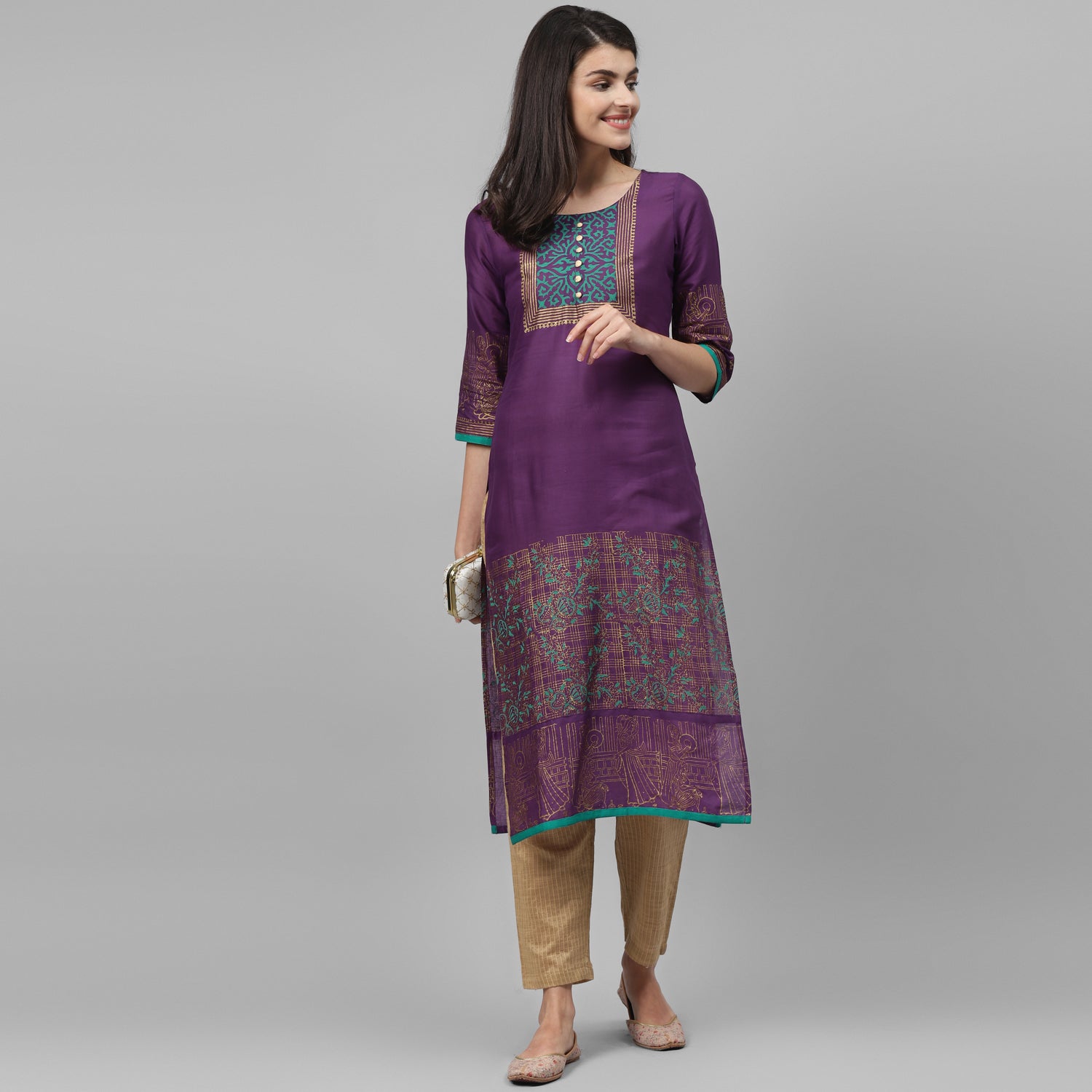 Maai Rayon Hand Printed Kurta Purple - Distacart