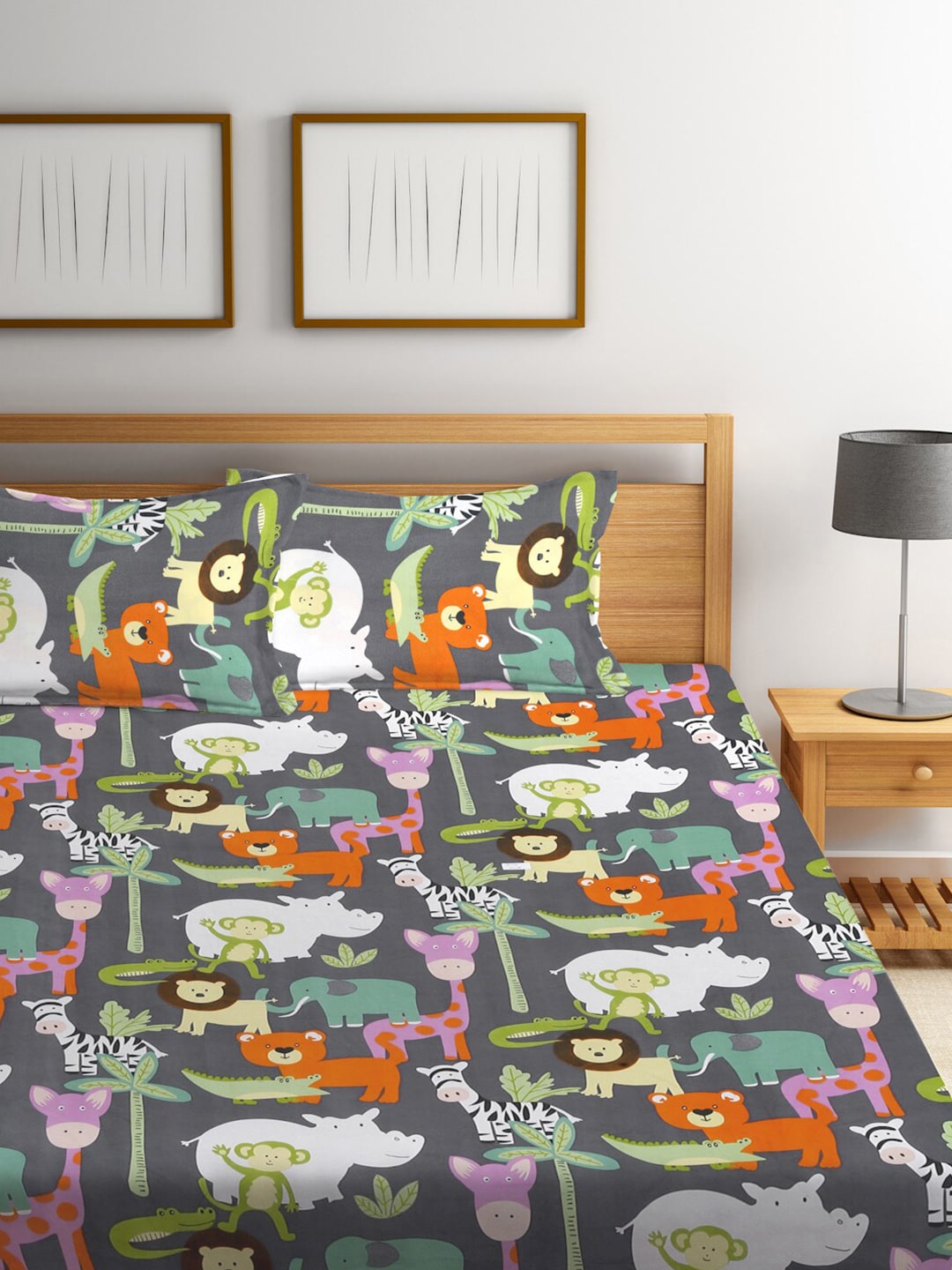 KLOTTHE Grey & Orange Cartoon Character Printed 300 TC King Bedsheet With 2 Pillow covers - Distacart