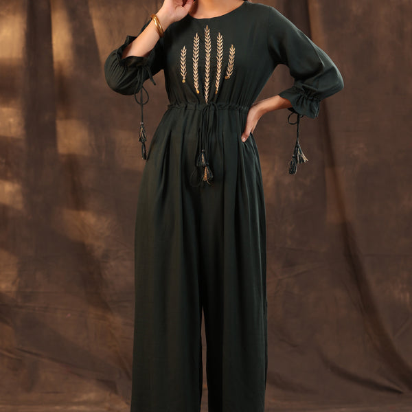 Juniper Women Jadegreen Rayon Slub Embroidered Regular Jumpsuit - Distacart