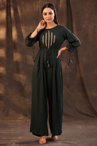Juniper Women Jadegreen Rayon Slub Embroidered Regular Jumpsuit - Distacart