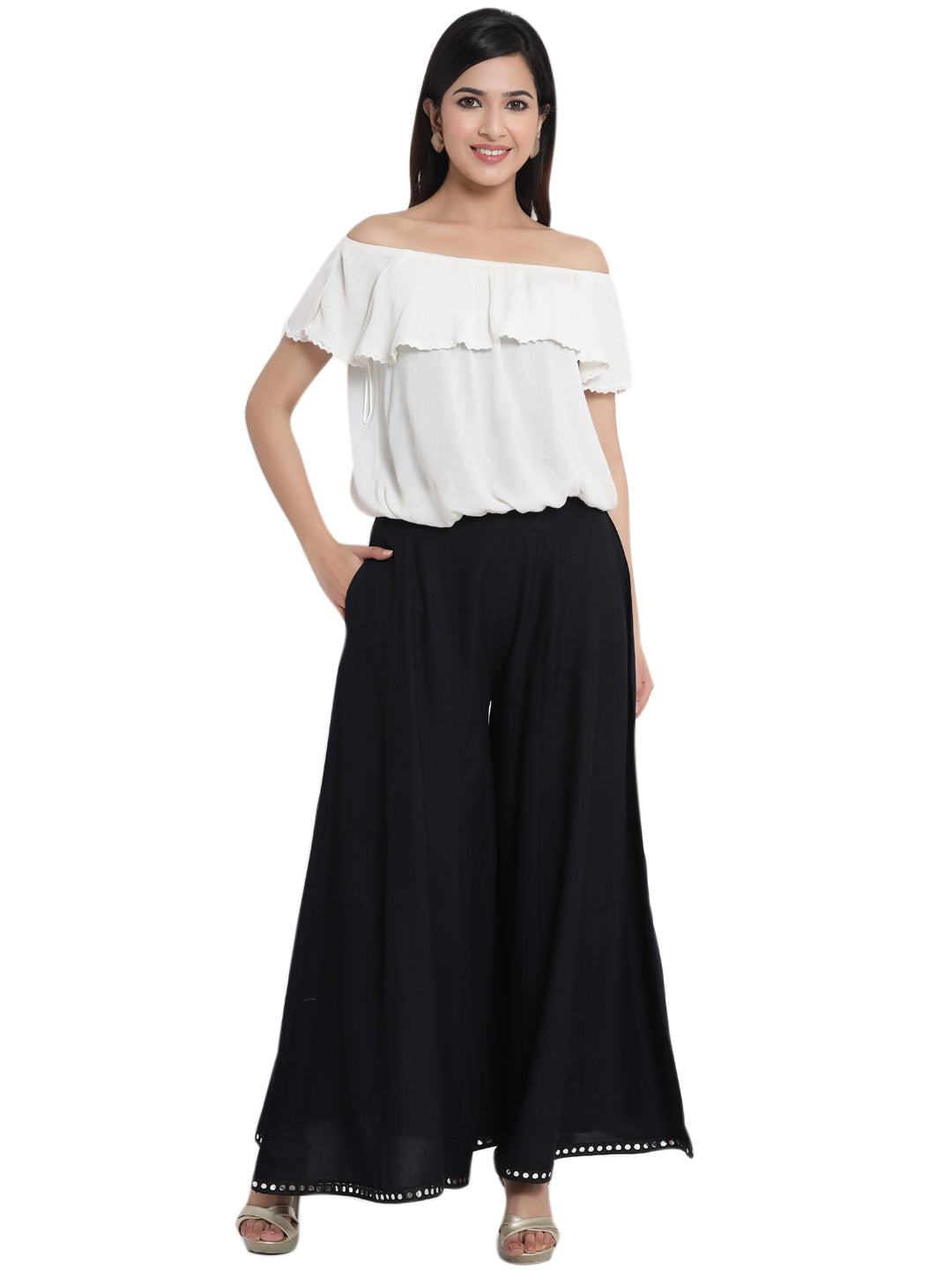 Juniper Women Black Rayon Solid Flared Palazzo - Distacart